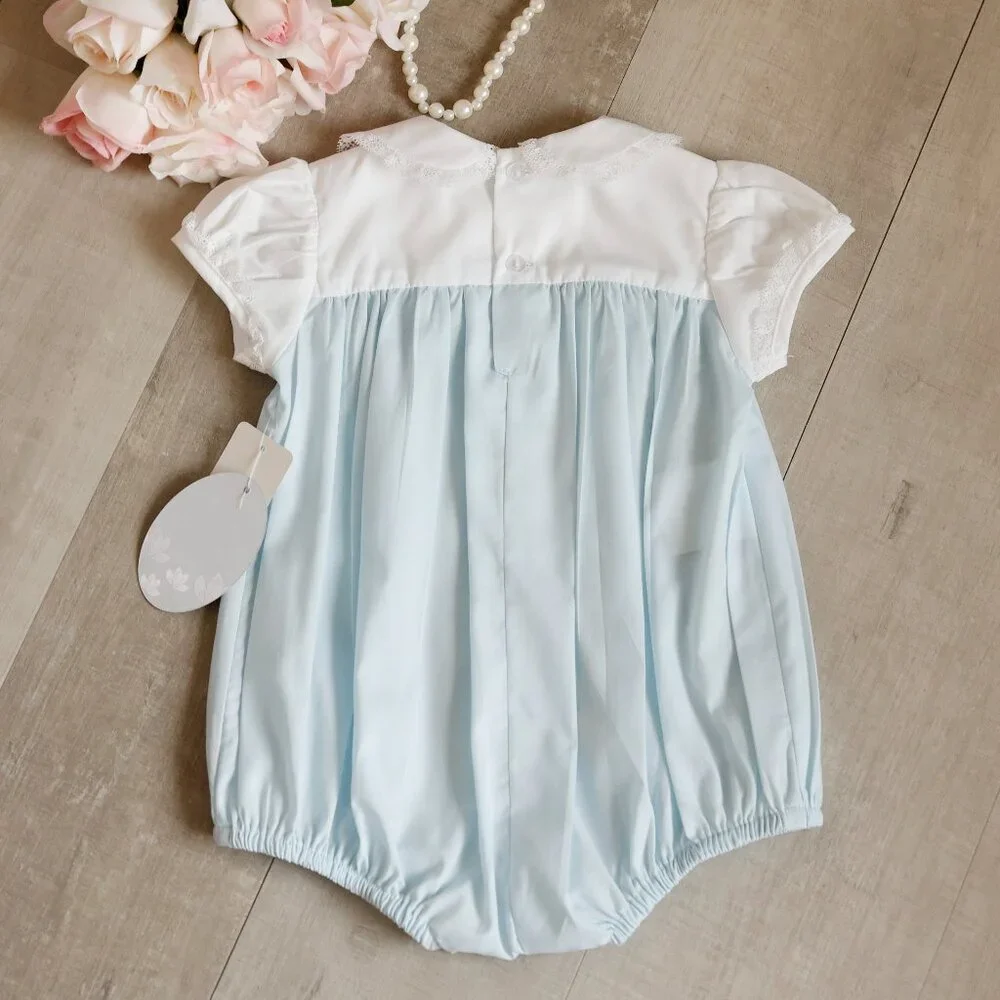 Blue Heirloom Bubble Romper Hand-Embroidery Boutique Size Preemie NEW WITH TAG